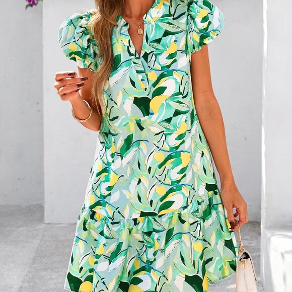 Womens Summer Dresses 2025 Puffy Sleeve V Neck Loose Floral Print A Line Boho Mi - Picture 8 of 8